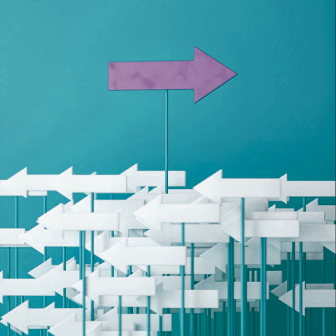 A large purple arrow pointing right and many smaller white arrows pointing left.